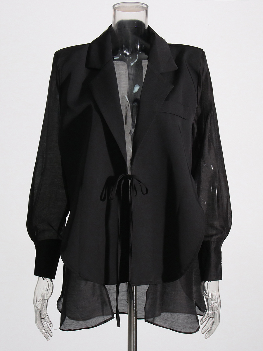 Lapel Collar Long Sleeve Loose Laced Mid-Length Jacket