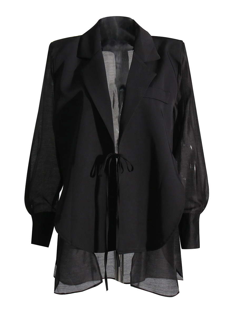 Lapel Collar Long Sleeve Loose Laced Mid-Length Jacket