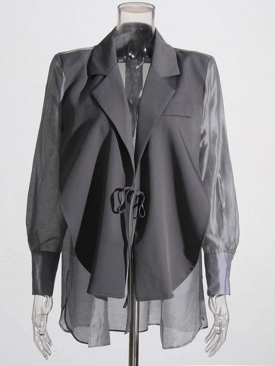 Lapel Collar Long Sleeve Loose Laced Mid-Length Jacket