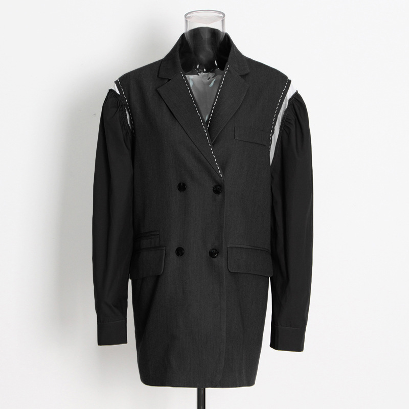 Lapel Collar Patchwork Shirt Sleeve Loose Blazer