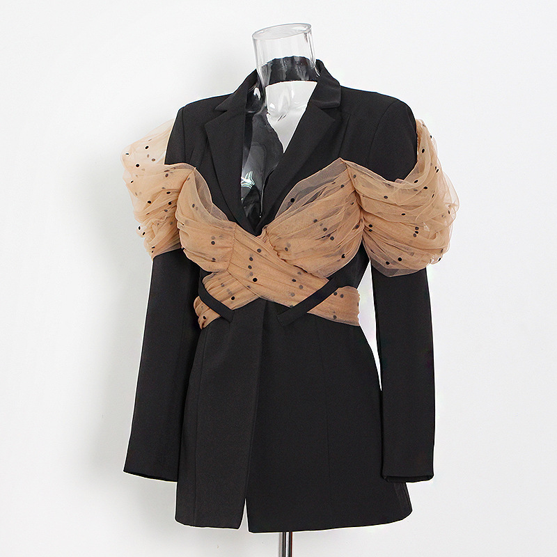 Mesh Stitching Black Casual Suit