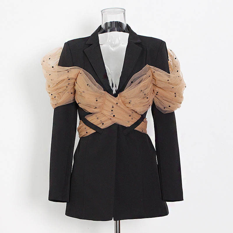 Mesh Stitching Black Casual Suit
