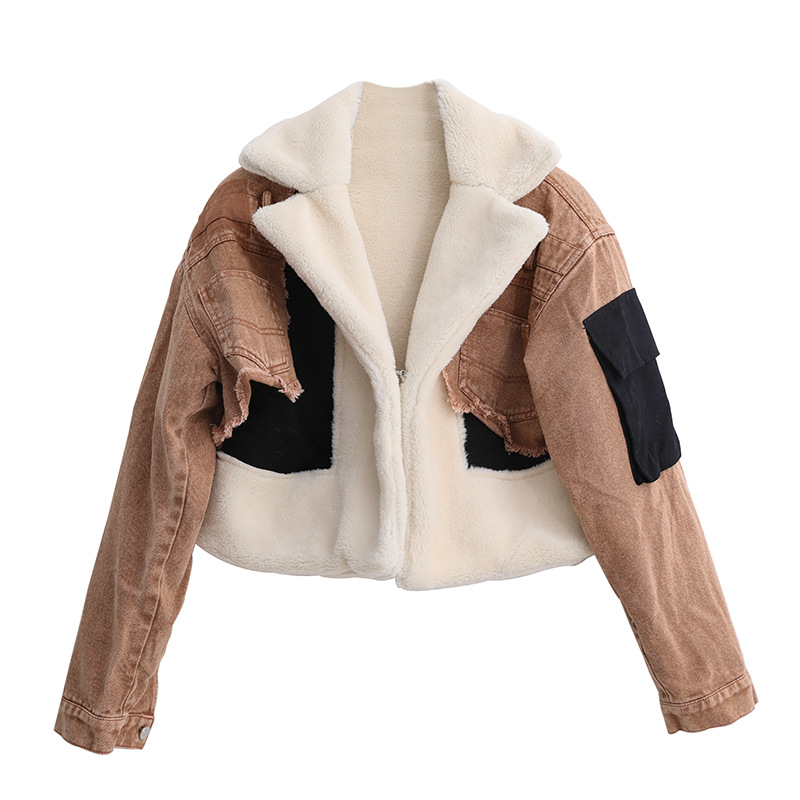 Padded Denim Stitching Jacket Lambswool Lining Thickened