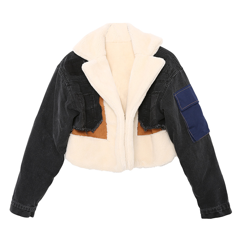 Padded Denim Stitching Jacket Lambswool Lining Thickened
