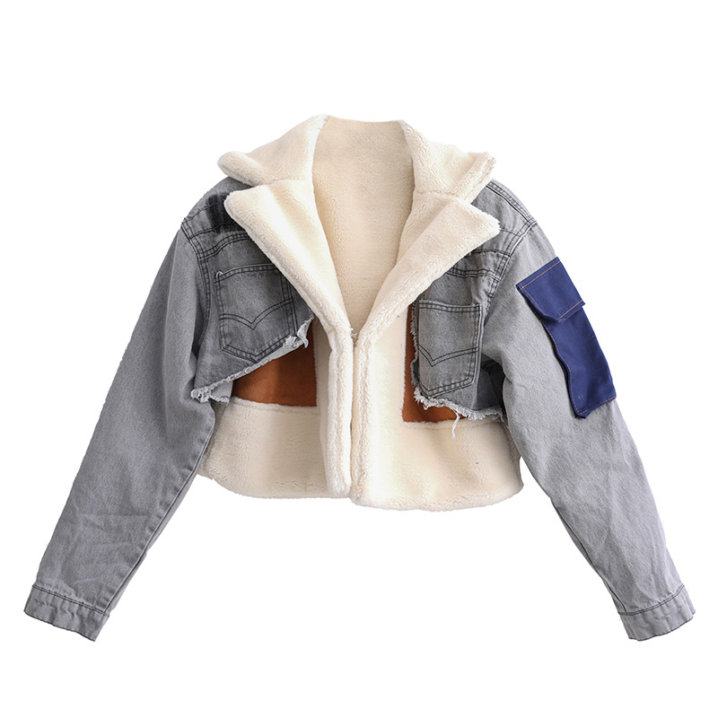 Padded Denim Stitching Jacket Lambswool Lining Thickened