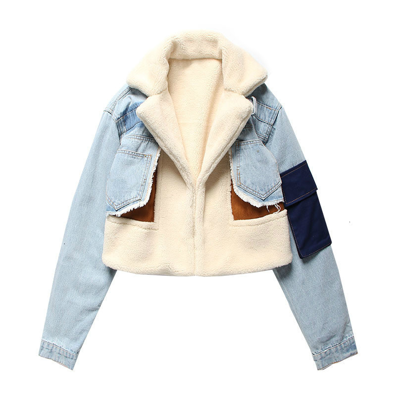 Padded Denim Stitching Jacket Lambswool Lining Thickened