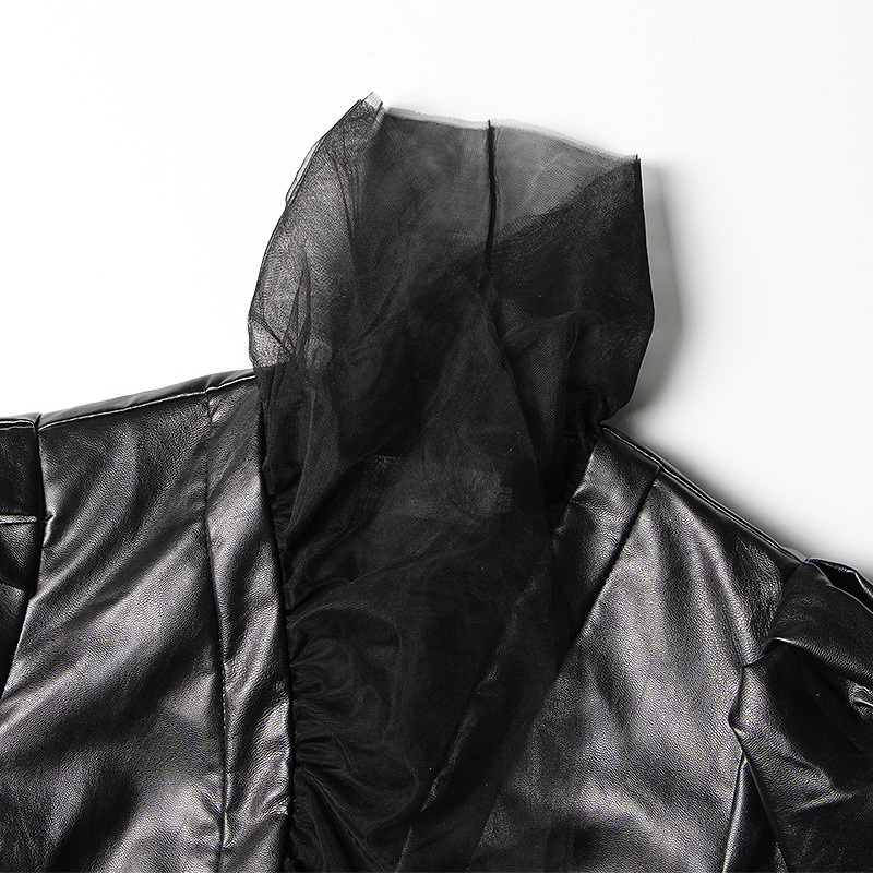 Ruffle Mesh Stitching Short Leather Jacket