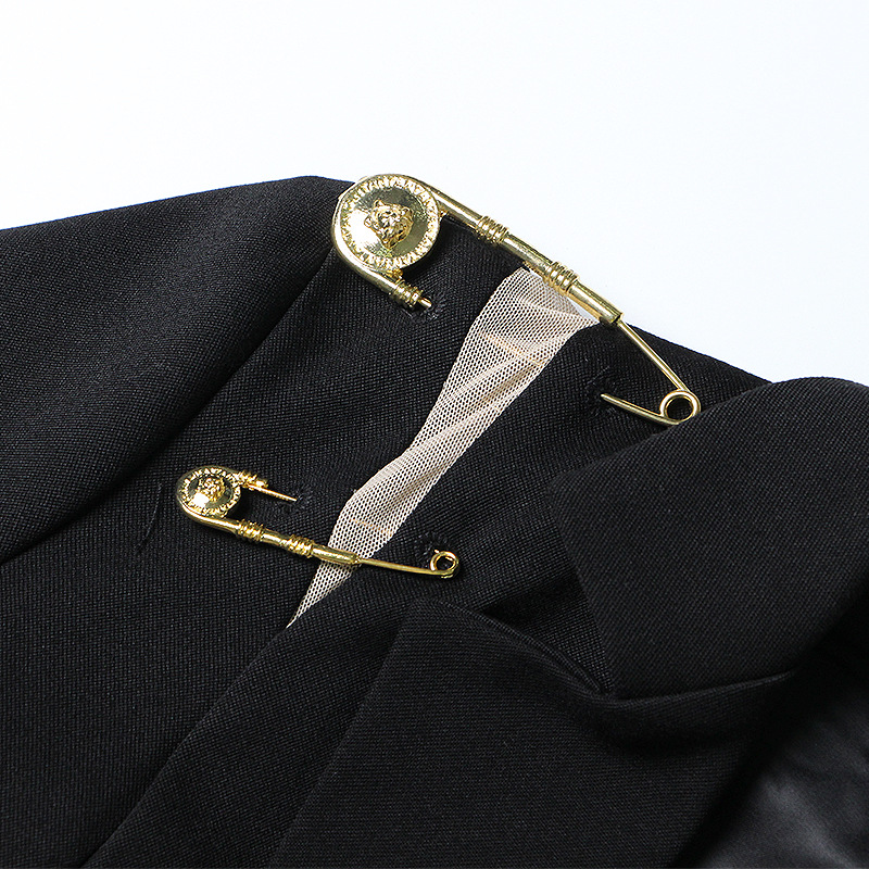 Mesh Patchwork Pin Decoration Slim Long-Sleeved Suit