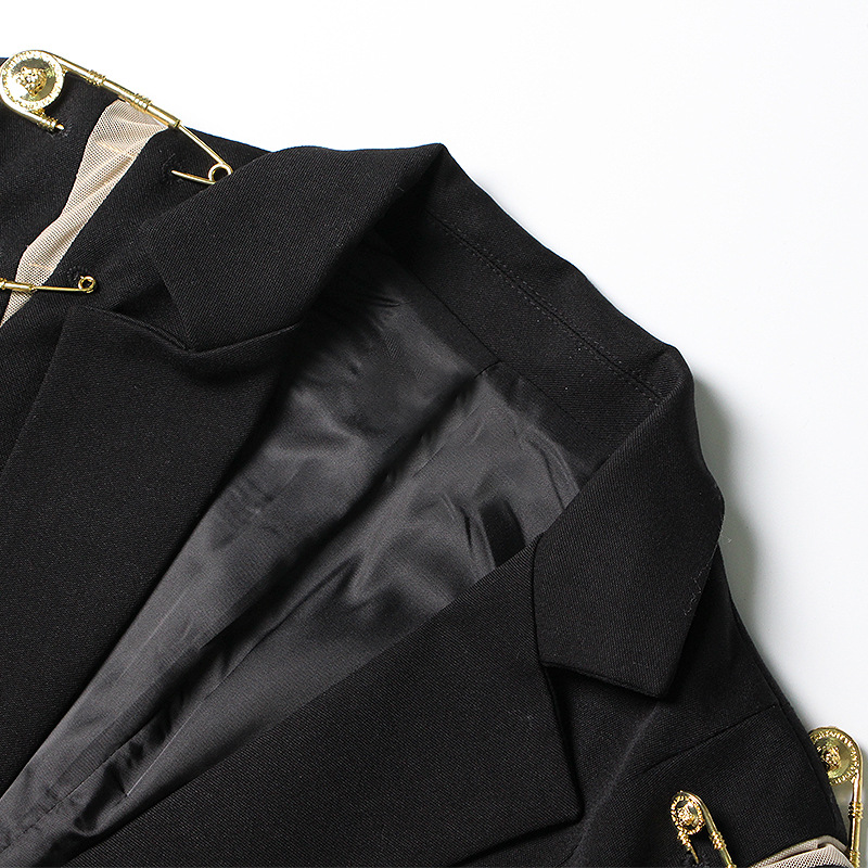 Mesh Patchwork Pin Decoration Slim Long-Sleeved Suit