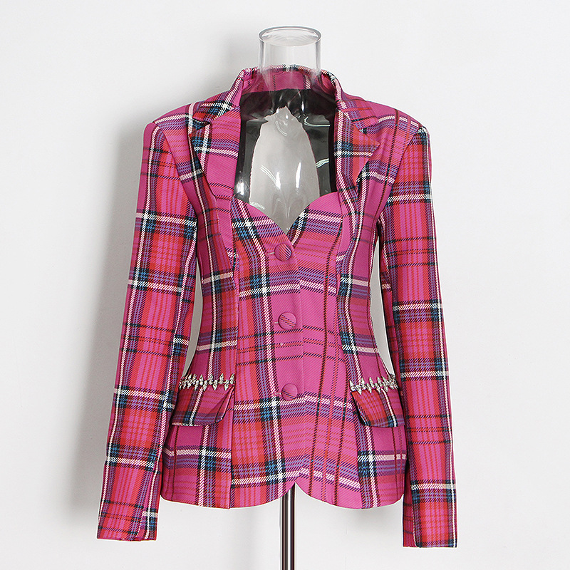 Single-Breasted Check Pattern Slim Short Women'S Jacket