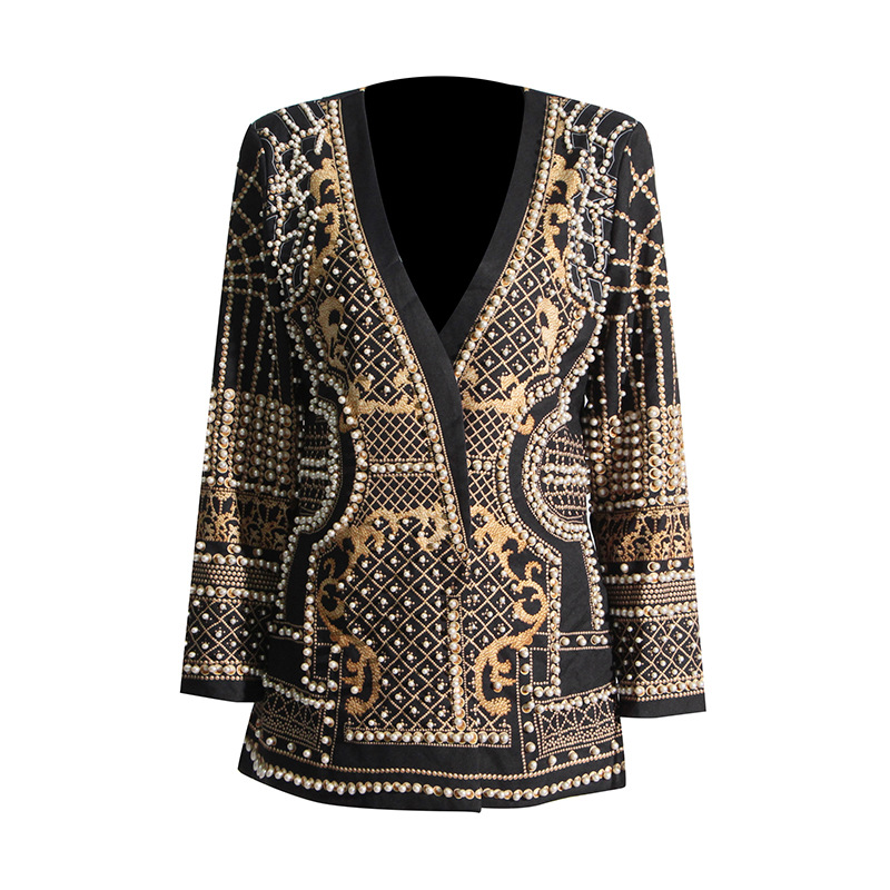 V-Neck Long-Sleeved Printed Patchwork Jacket