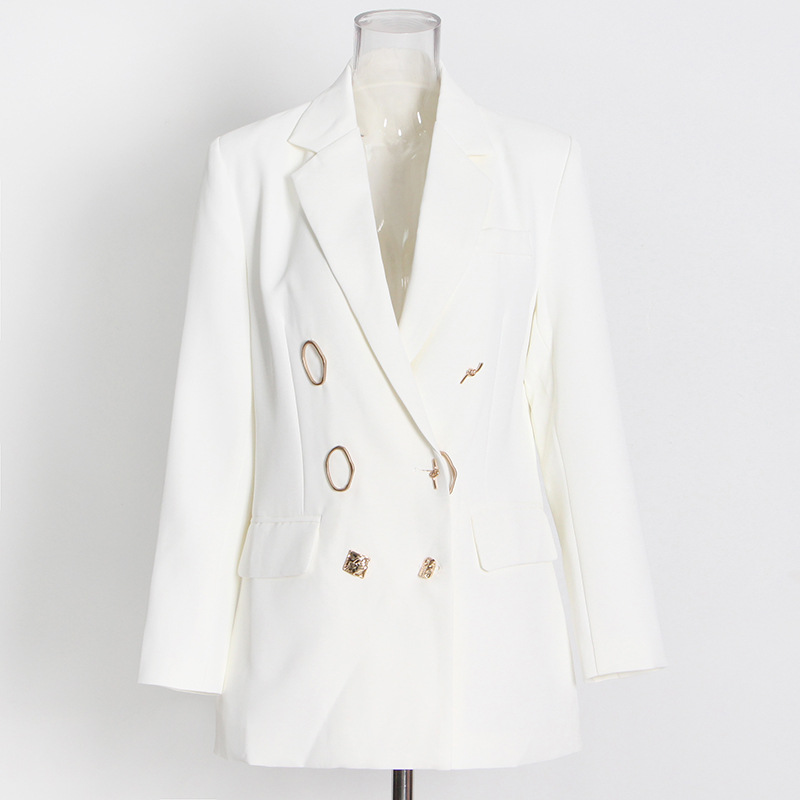 White Double-Row Loose Mid-Length Jacket