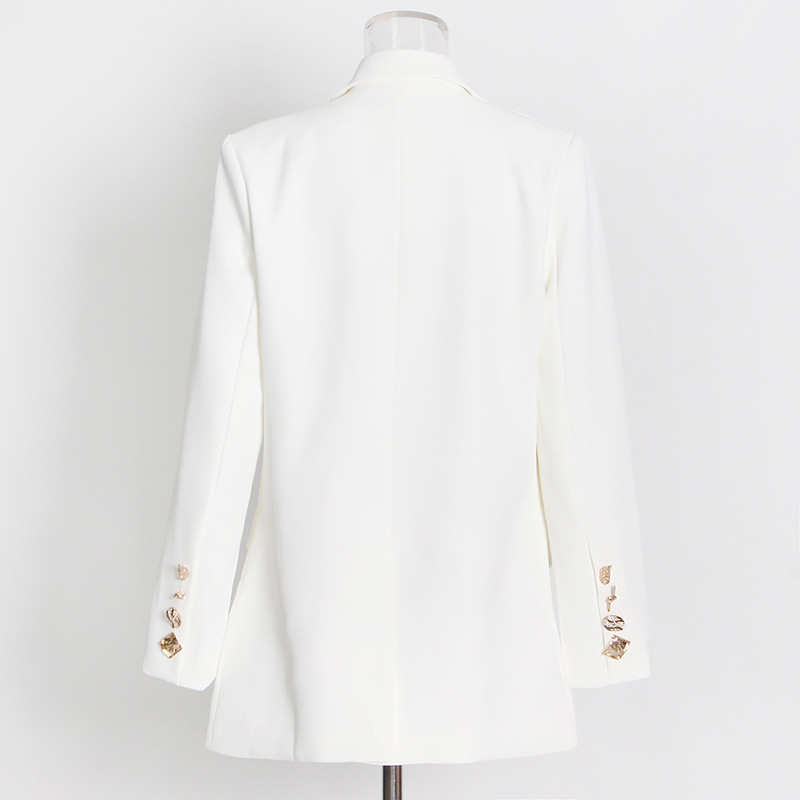 White Double-Row Loose Mid-Length Jacket