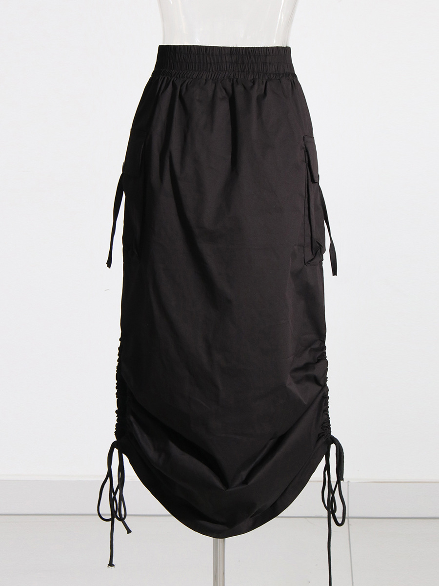 Large Pockets Drawstring Straps Elastic Waist Half Skirt