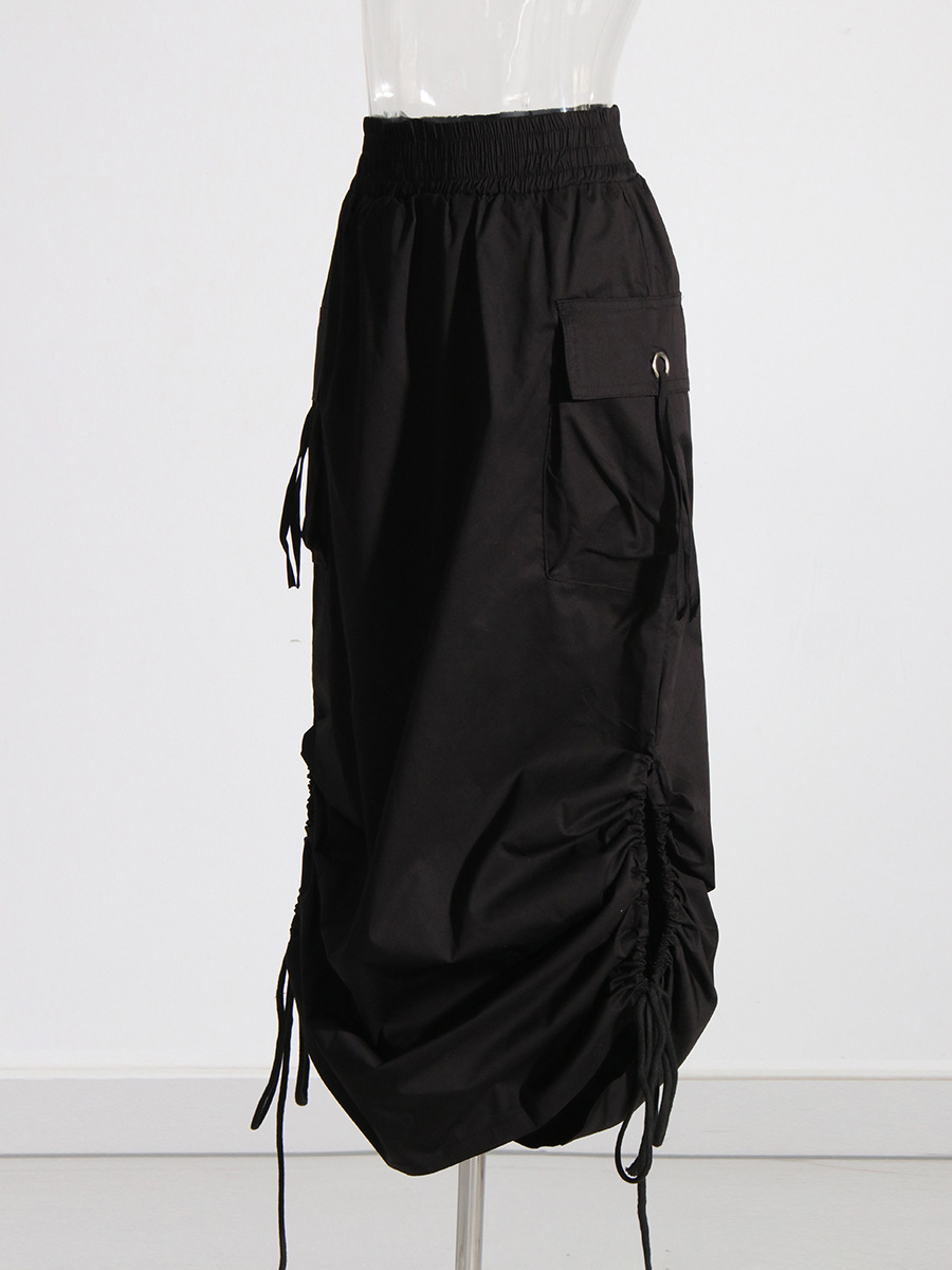 Large Pockets Drawstring Straps Elastic Waist Half Skirt