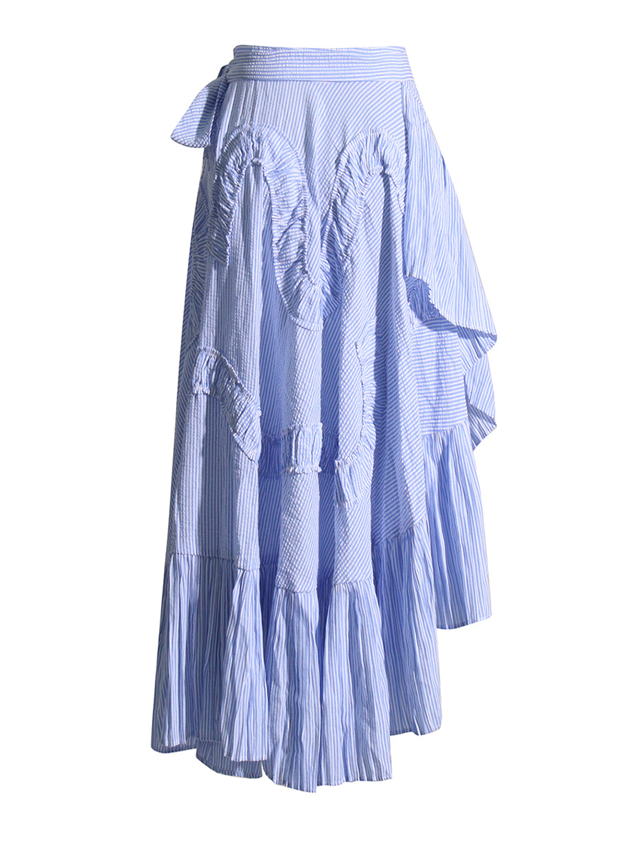 One-Piece Lace-Up High-Waisted Blue Striped Half-Body Skirt
