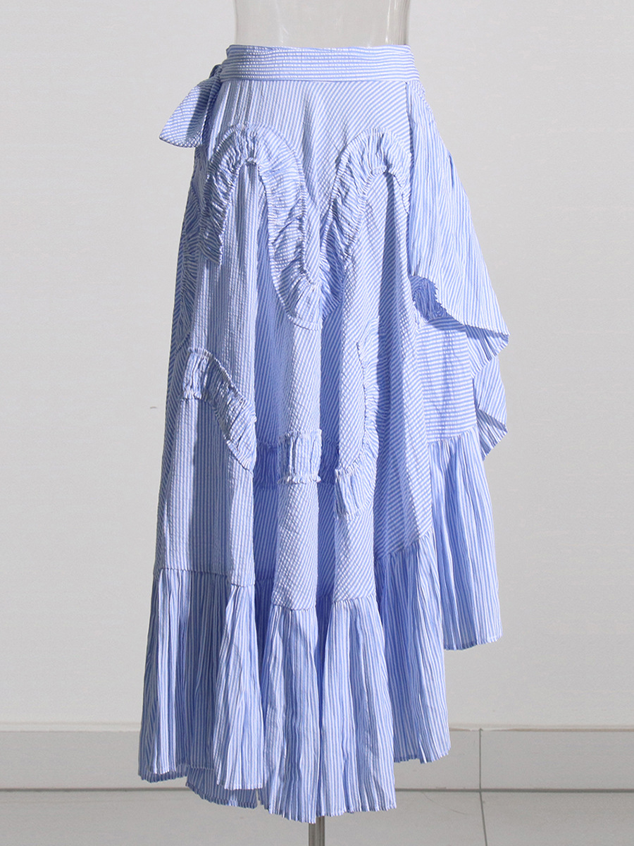 One-Piece Lace-Up High-Waisted Blue Striped Half-Body Skirt
