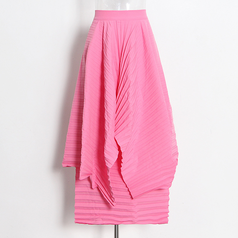 Pleated Solid Layer High Waist Long Irregular Skirt