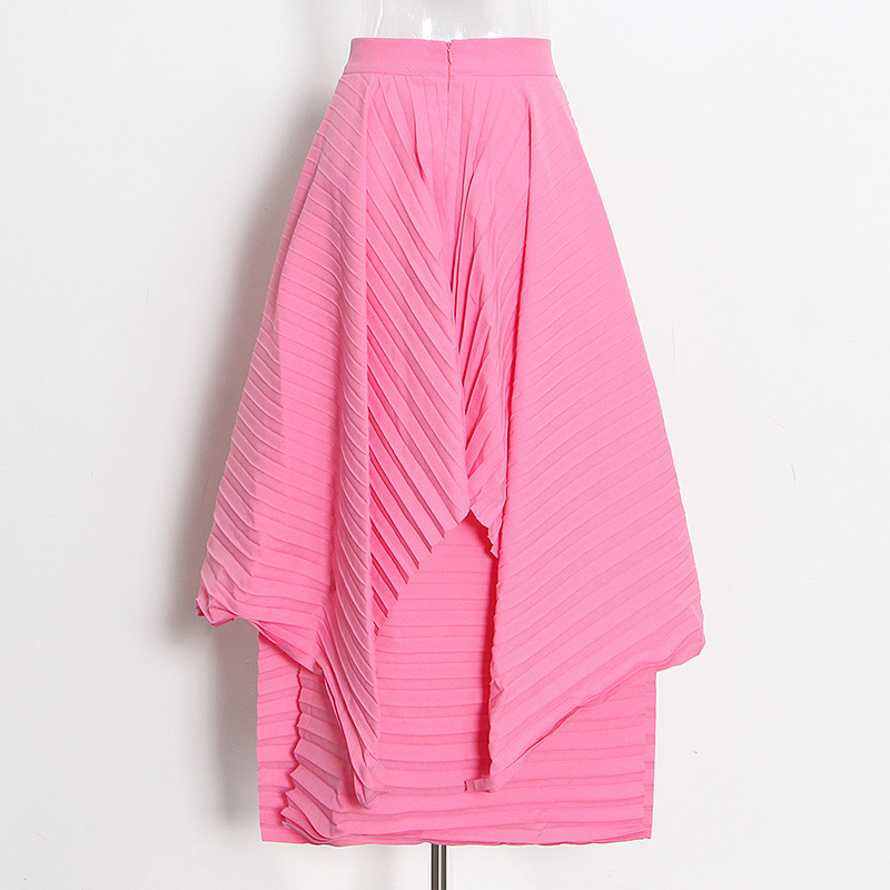 Pleated Solid Layer High Waist Long Irregular Skirt