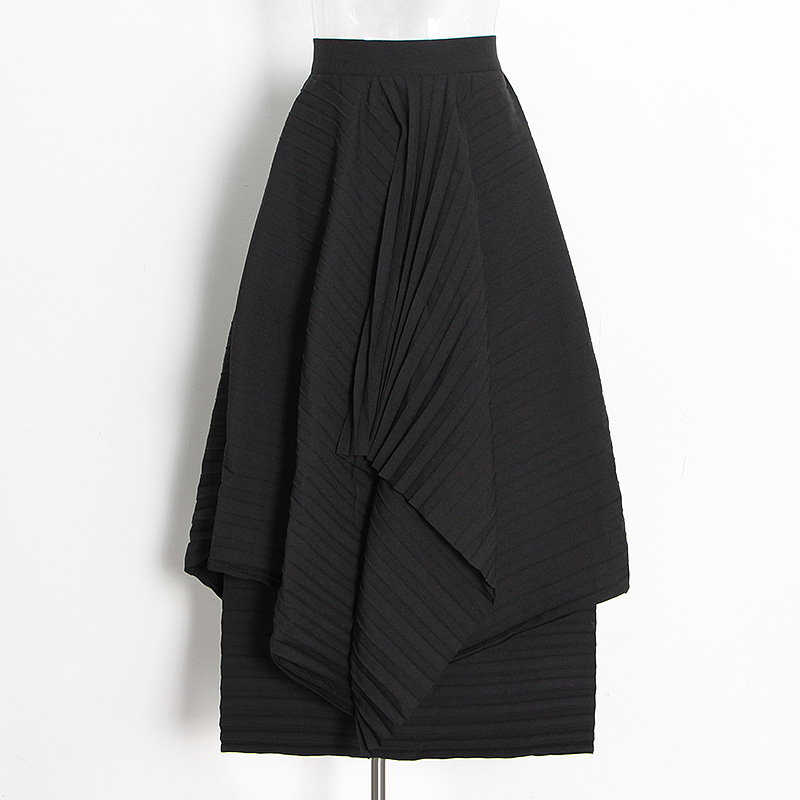 Pleated Solid Layer High Waist Long Irregular Skirt