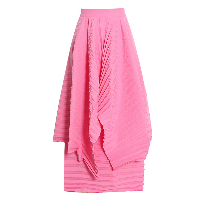 Pleated Solid Layer High Waist Long Irregular Skirt