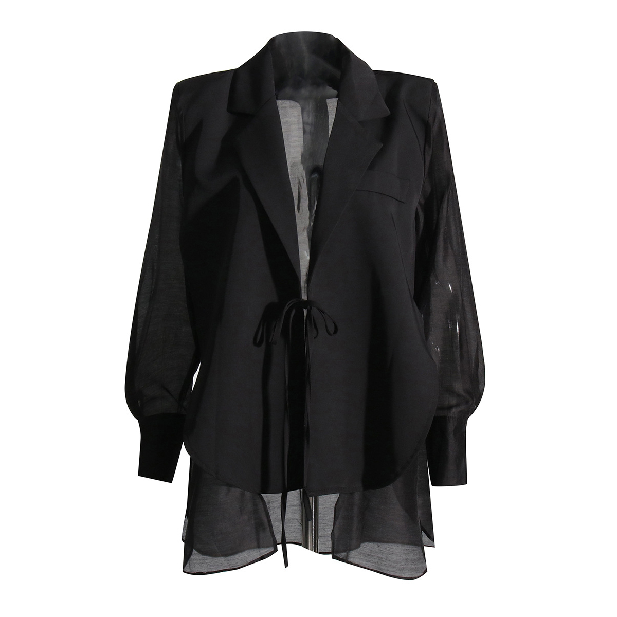 Lapel Collar Long Sleeve Loose Laced Mid-Length Jacket