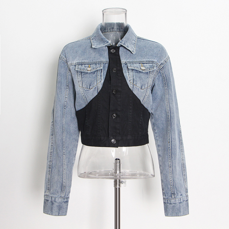 Black And White Stitching Denim Jacket + High Waist Pants