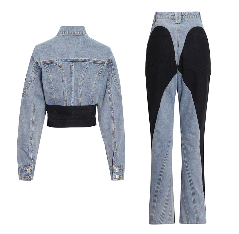 Black And White Stitching Denim Jacket + High Waist Pants