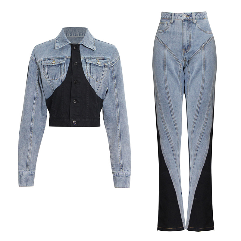 Black And White Stitching Denim Jacket + High Waist Pants