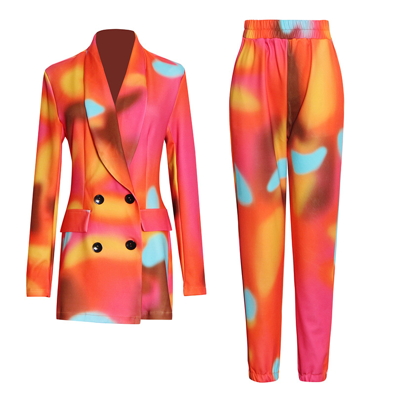 Double-Breasted Printed Suit + Stretchy Drawstring Pants