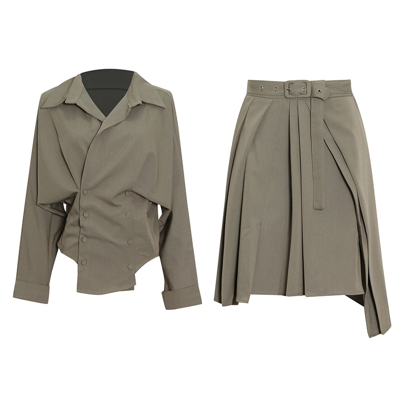 Irregular Solid Color Lapel Shirt + Short Female Half Skirt