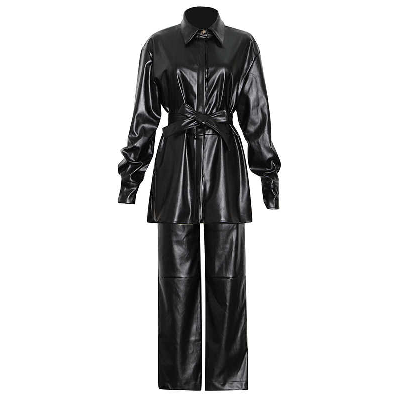 Lapel Lacing Waist Top + High Waist Wide Leg Pants Leather 