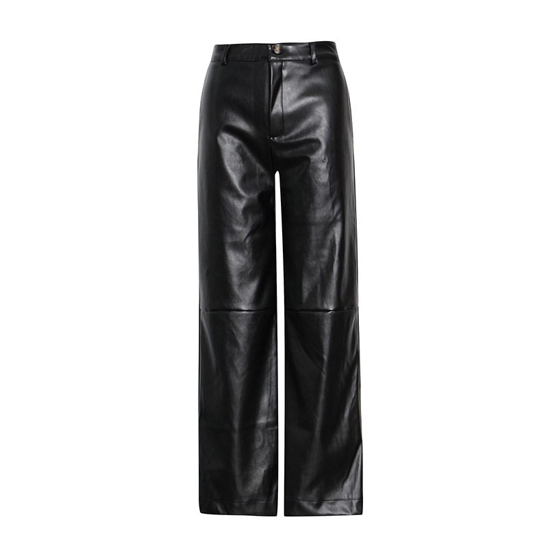 Lapel Lacing Waist Top + High Waist Wide Leg Pants Leather 