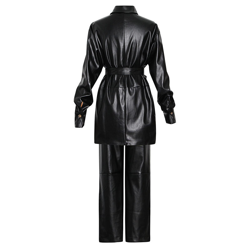 Lapel Lacing Waist Top + High Waist Wide Leg Pants Leather 