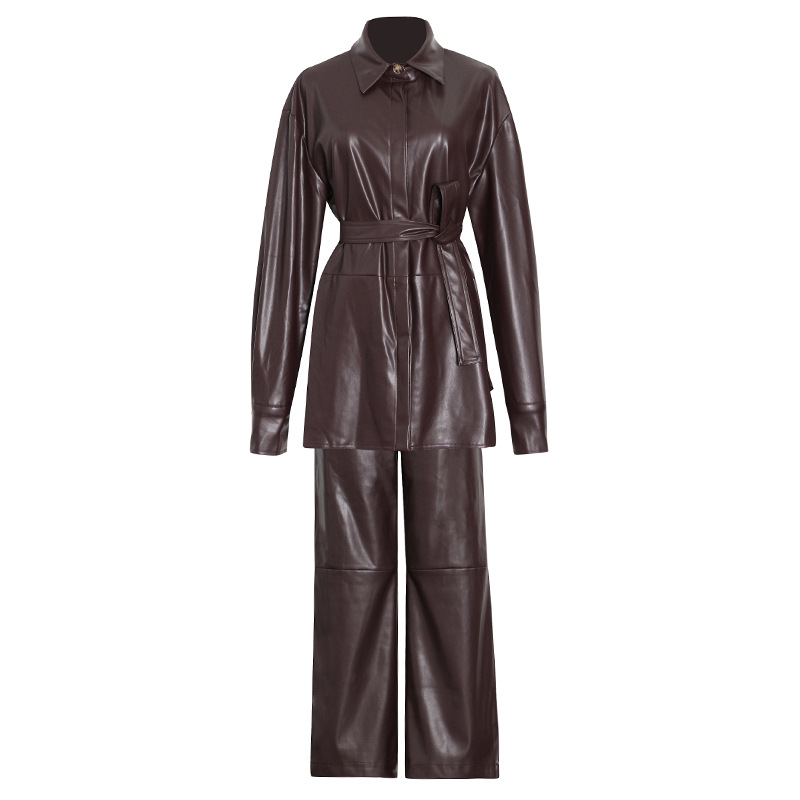Lapel Lacing Waist Top + High Waist Wide Leg Pants Leather 