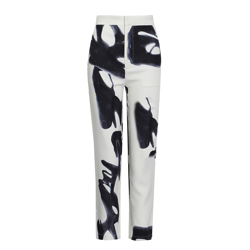 One Button Printed Jacket + High Waist Straight Pants