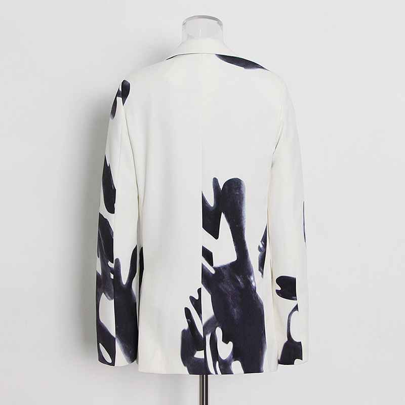 One Button Printed Jacket + High Waist Straight Pants