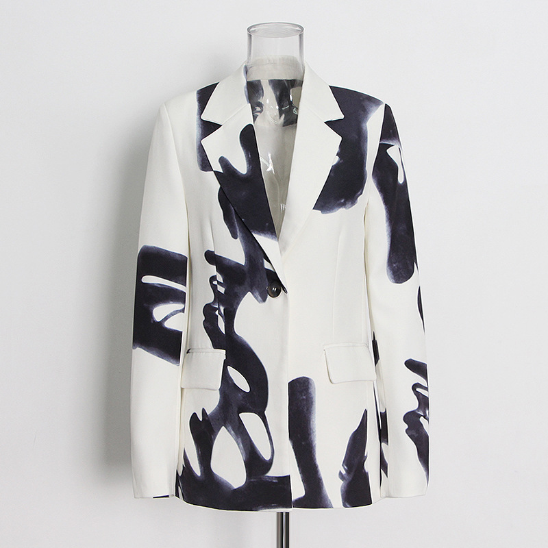 One Button Printed Jacket + High Waist Straight Pants