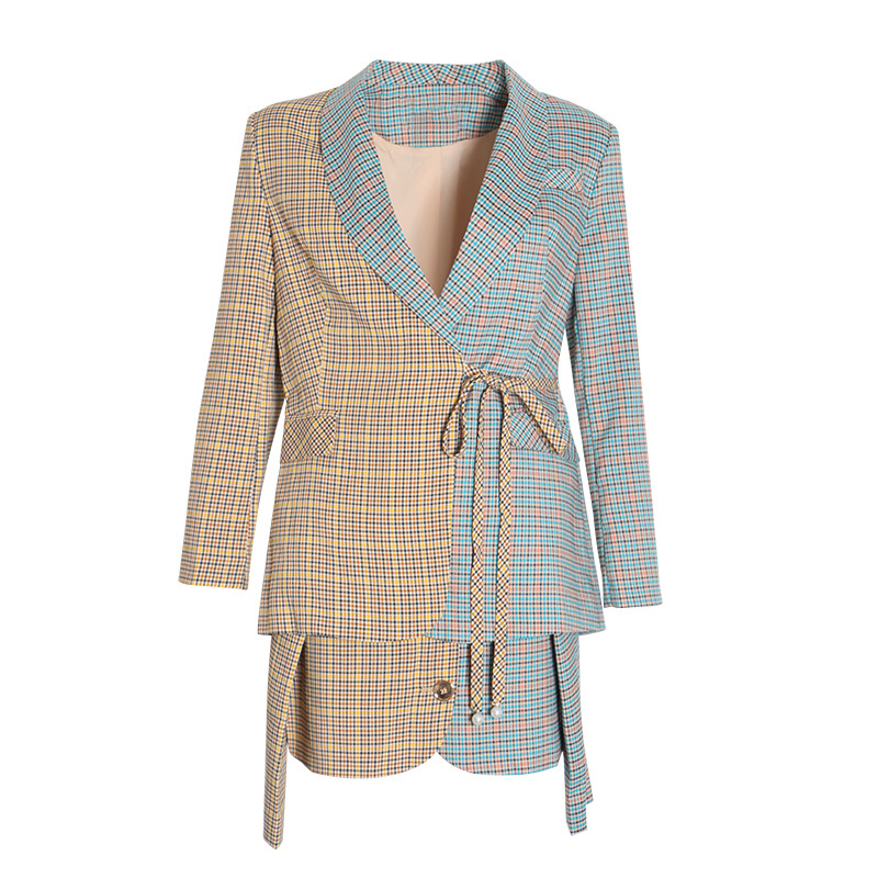 Plaid Temperament Blazer + Lacing A-Line Half-Body Skirt