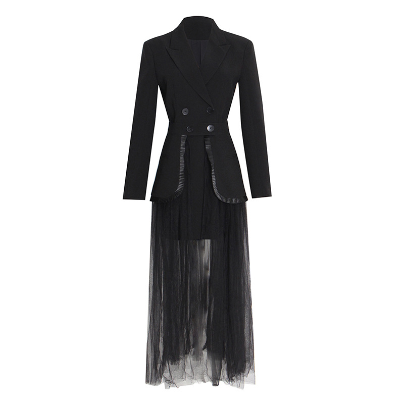 Button Suit + Long-Sleeved Mesh Half-Body Skirt