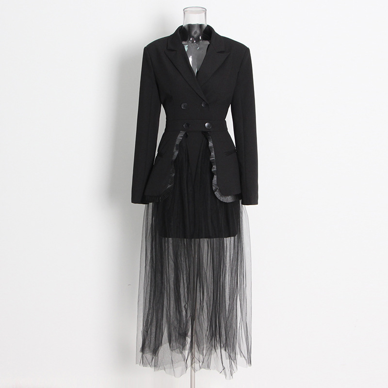 Button Suit + Long-Sleeved Mesh Half-Body Skirt