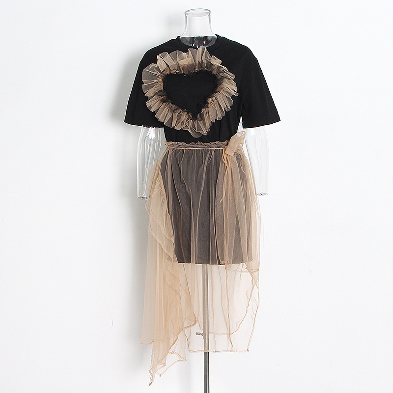 Round Neck T-Shirt + Mesh Stitching Half-Body Skirt