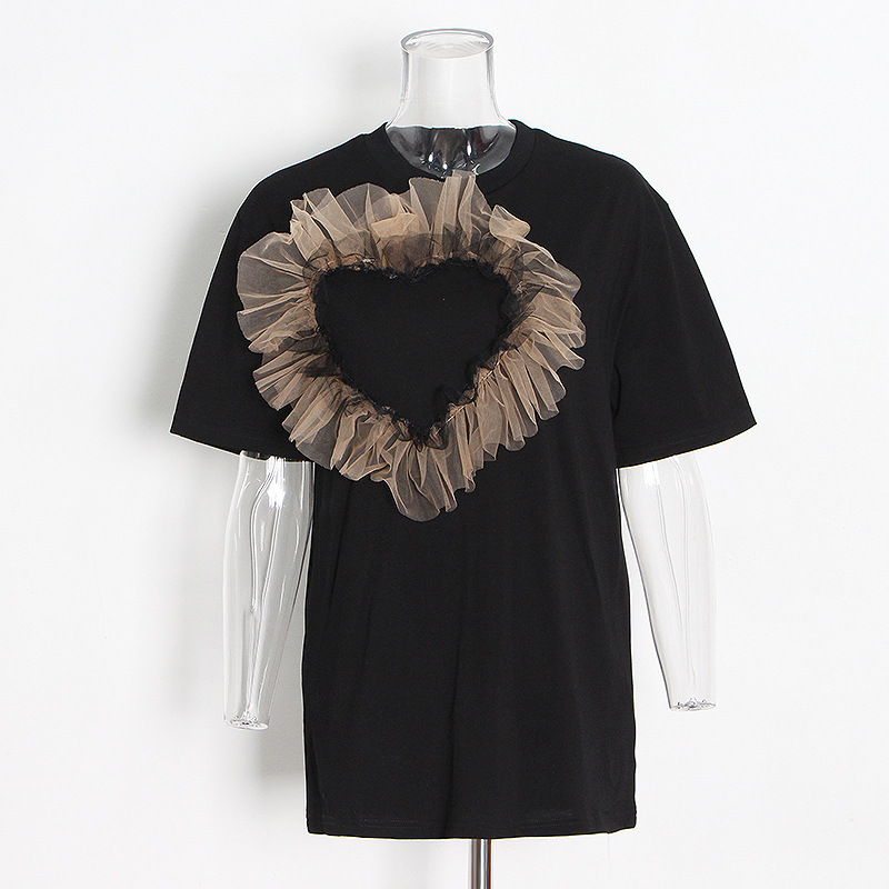Round Neck T-Shirt + Mesh Stitching Half-Body Skirt
