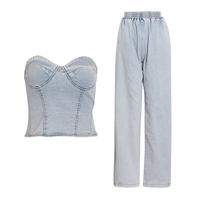 Washed Blue Undershirt + High Waist Wide Leg Jeans