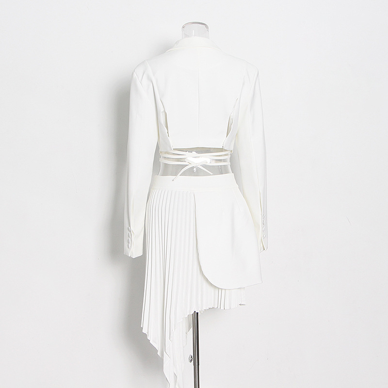 V-Neck Lace-Up Blazer + Solid Irregular Pleated Skirt
