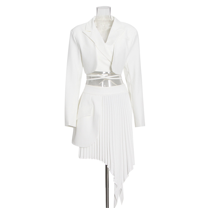 V-Neck Lace-Up Blazer + Solid Irregular Pleated Skirt