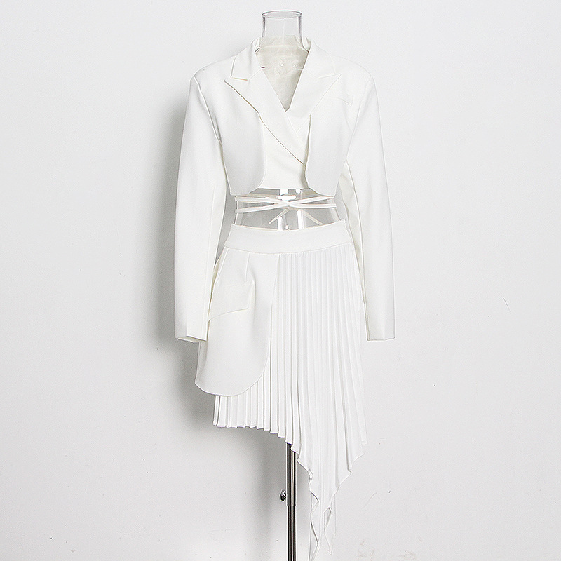 V-Neck Lace-Up Blazer + Solid Irregular Pleated Skirt