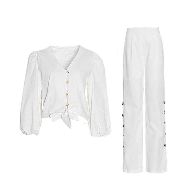 Single-Breasted V-Neck Shirt + High Waist Wide Leg Pants