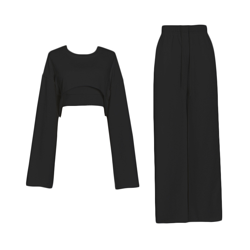 Patchwork Round Neck Sweater + High Waist Wide Leg Pants