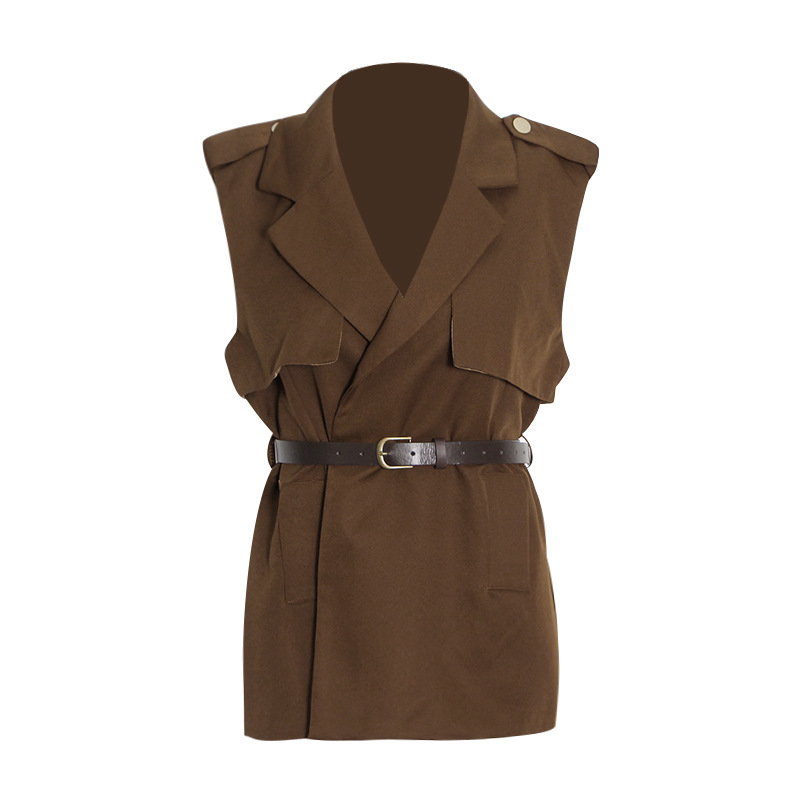 Splicing Sleeveless Tie Belt Vest + High Waist Straight Pants